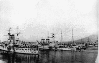 Эскадренный броненосец "Наварин" в составе эскадры адмирала Г.П. Чухнина во время перехода из Порт-Артура в Кронштадт. Алжир, март 1902 года
