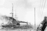 Броненосный крейсер "Рюрик" в кильватер линейным кораблям "Андрей Первозванный" и "Император Павел I", 4 июля 1913 года