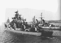 Большой противолодочный корабль "Смелый" проходит рядом с крейсером "Слава" на параде в Севастополе, июль 1971 года