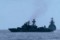 Большой противолодочный корабль "Адмирал Чабаненко" и тяжелый атомный ракетный крейсер "Петр Великий" во время учений у берегов Венесуэлы, 1 декабря 2008 года 08:59