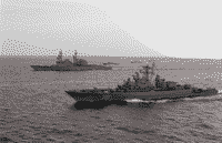 Сторожевой корабль "Бдительный", американский эсминец "Дейо" и три немецких ракетных катера на учениях "Балтопс-93", июнь 1993 года