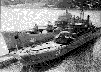БДК-62 (позже "Комсомолец Карелии") и БДК пр. 775 в пункте базирования 401-го дивизиона десантных кораблей, Тюва-губа, Кольский залив 1977 год