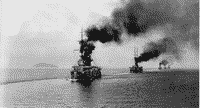 Броненосец "Сагами" ведет колонну кораблей 3-го флота ("Фудзи", "Цусима", "???", "Отова"), 19 октября 1915 года